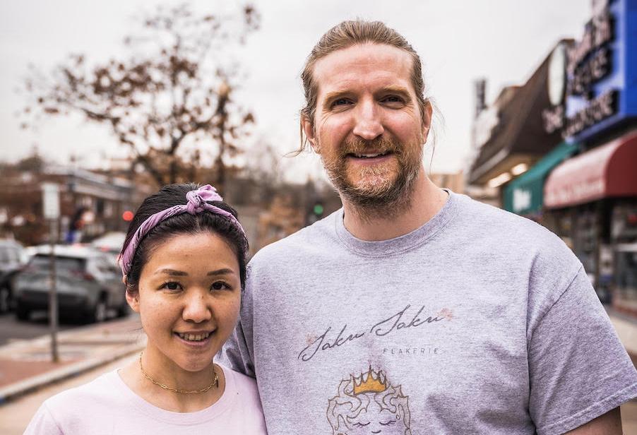 Yuri and Jason Oberbillig in front of their first SakuSaku Flakerie location in Cleveland Park.