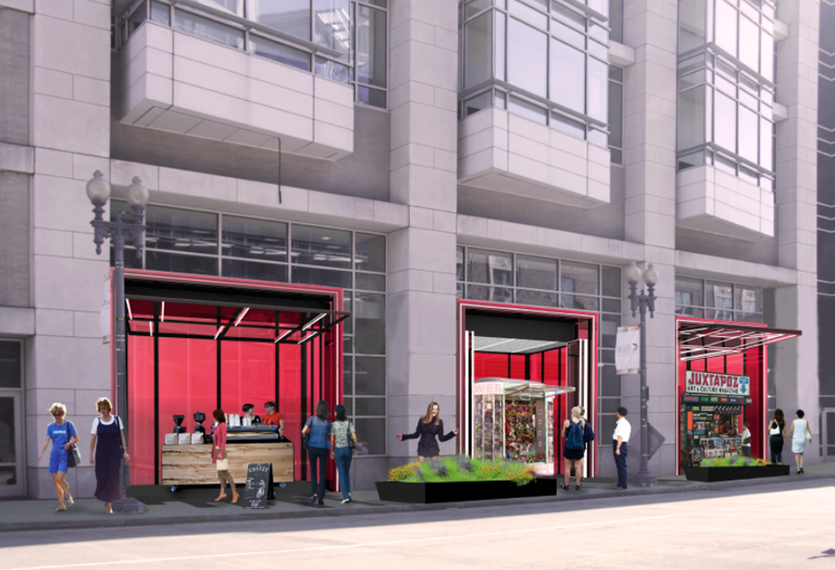 A rendering of the new, roughly 285 SF retail kiosks that will open on 9th Street at the Walter E. Washington Convention Center