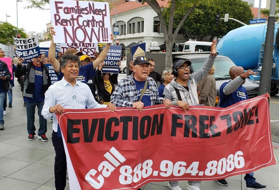 Protestors gathered in front of Blackstone Group's office in Santa Monica in support of a ballot initiative that would repeal Costa Hawkins Rental Housing Act.