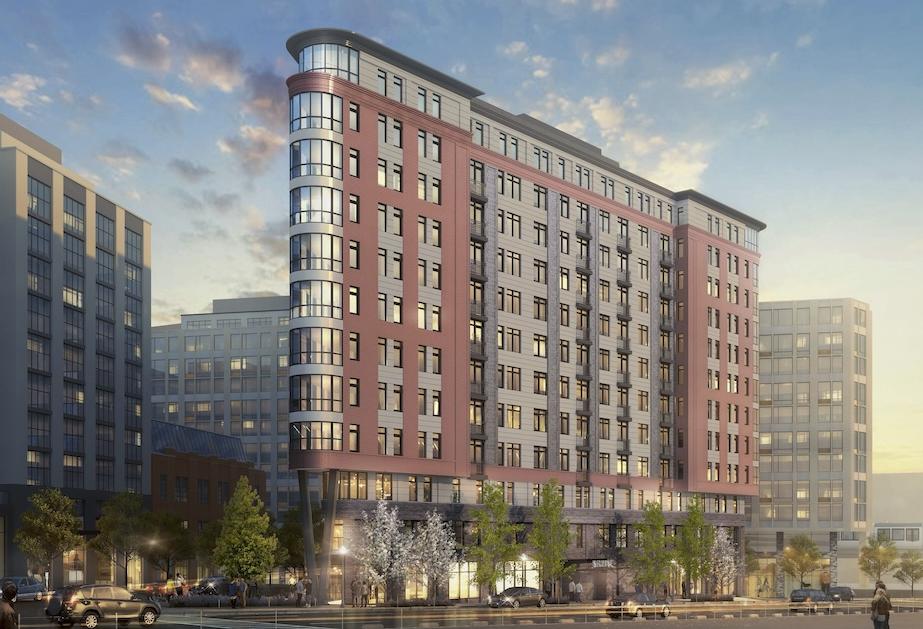 A rendering of The Emblem, an all affordable apartment project in NoMa with a design inspired by New York's Flatiron Building. 