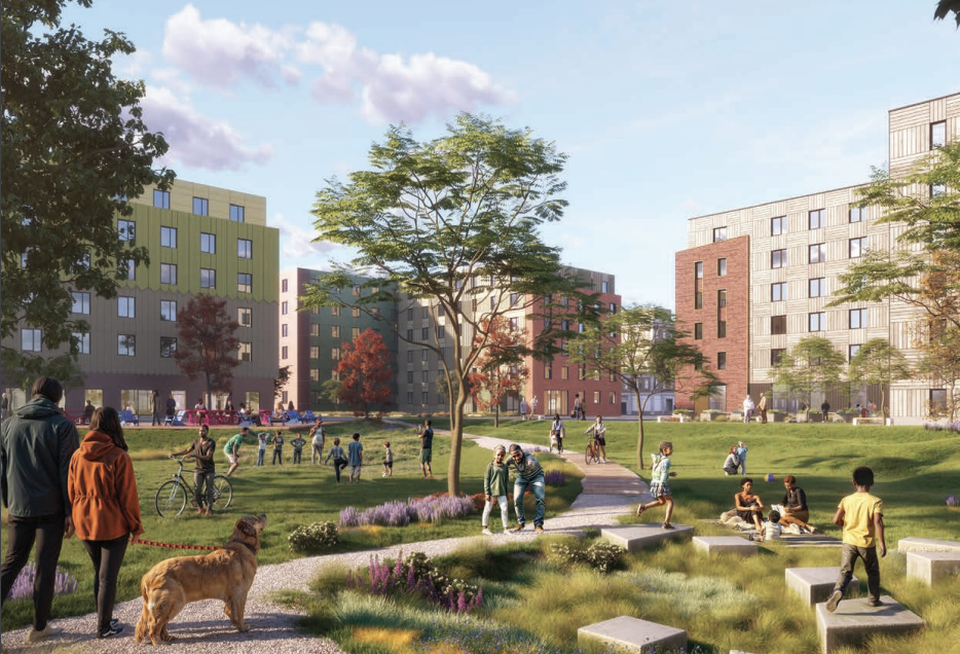 A rendering of Related Beal and Dream Development's 402-unit redevelopment of the Boston Water Sewer Commission parking lots in Roxbury.