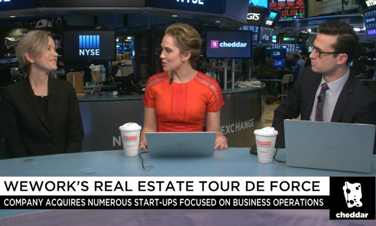 WeWork global head of mergers and acquisitions Emily Keeton being interview on Cheddar
