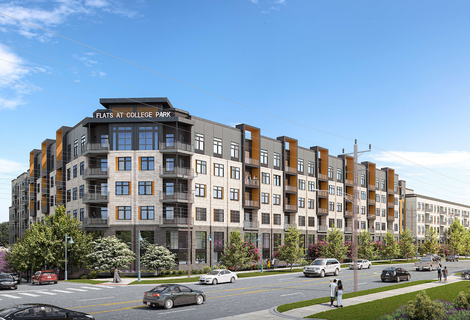 A rendering of the planned 317-unit affordable housing development at 9113 Baltimore Ave. in College Park.