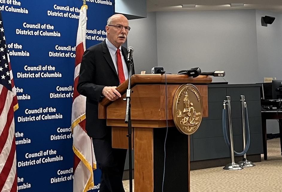 D.C. Council Chairman Phil Mendelson speaking at a media briefing Monday morning. 