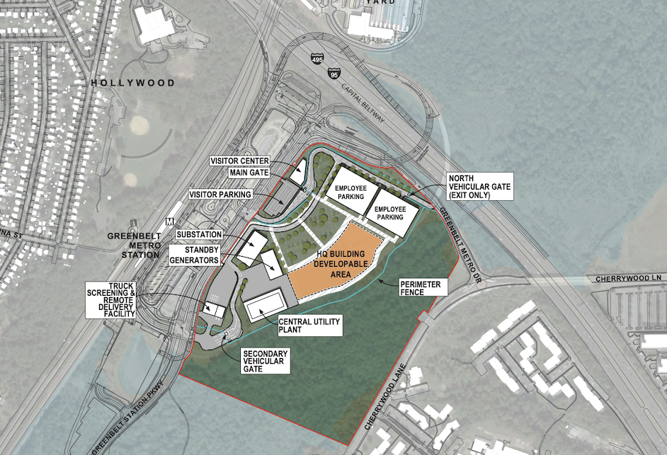 A conceptual site plan of the FBI headquarters proposal in Greenbelt from a past GSA report. A conceptual site plan of the FBI headquarters proposal in Greenbelt from a past GSA report.