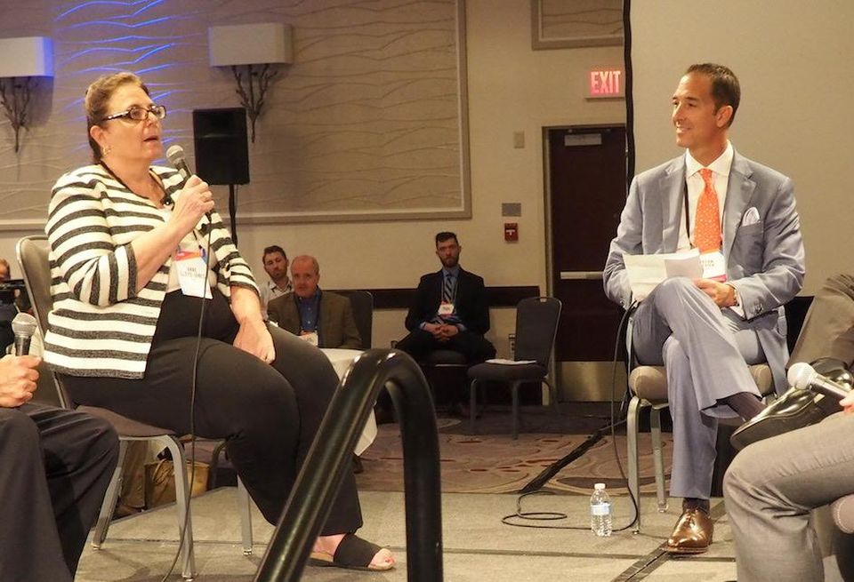 HVS managing director Anne Lloyd-Jones and RSM's Jason Sevier at Bisnow's Lodging Investment Series, Sept. 21, 2016