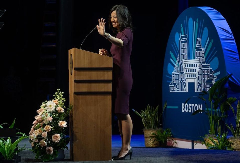 Boston Mayor Michelle Wu speaking at the 2024 State of the City address at the MGM Music Hall.