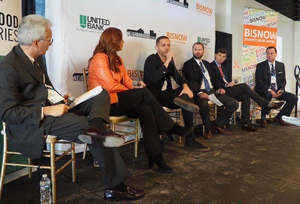 Forest City's Will Voegele, Ballston BID's Tina Leone, Restaurateur Scott Parker, Venable's Evan Pritchard, JBG Smith's Andy VanHorn and Regency Centers' Devin Corini