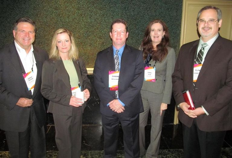 Structure Tone’s Gerald Grogan, Array Architects’ Marsha Whitt, Shane Williams and Karen Allen and Innova Group’s Clint Compton at Bisnow DFW healthcare event April 2016Bisnow: Catie Dixon