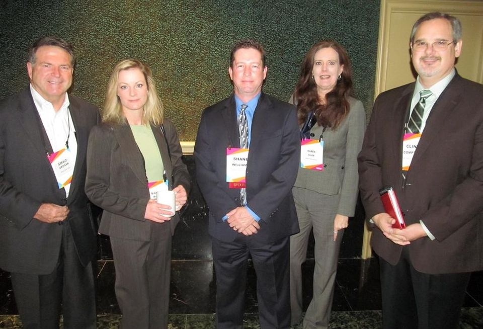 Structure Tone’s Gerald Grogan, Array Architects’ Marsha Whitt, Shane Williams and Karen Allen and Innova Group’s Clint Compton at Bisnow DFW healthcare event April 2016Bisnow: Catie Dixon