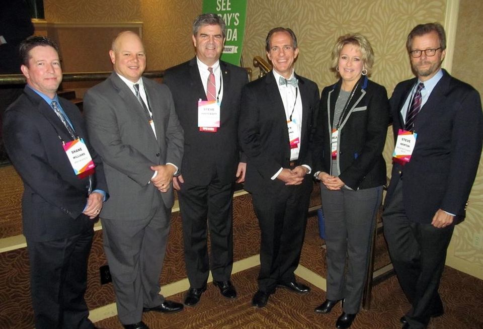 Array Architects principal Shane Williams, Parkland Health & Hospital Systems CFO John Moore, Turner Construction director Steve Whitcraft, Texas Health Resources EVP Brett McClung, Methodist Health System COO Pam Stoyanoff and Baylor Scott & White North Texas president Steve Newton at Bisnow DFW healthcare event Apr '16Photo credit: Bisnow: Catie Dixon