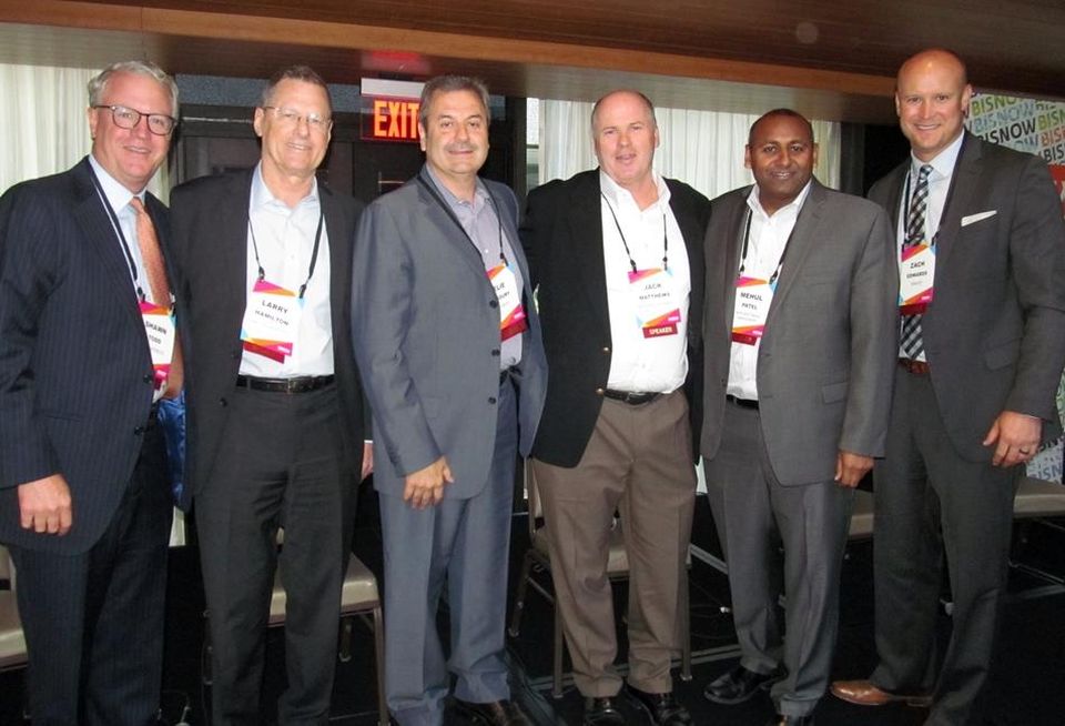 Todd Interests CEO Shawn Todd, Hamilton Properties CEO Larry Hamilton, KFK Group CEO Elie Khoury, Matthews Southwest president Jack Matthews, NewcrestImage Management CEO Mehul Patel and moderator Gensler principal Zach Edwards at Bisnow's Downtown Dallas event May '16
