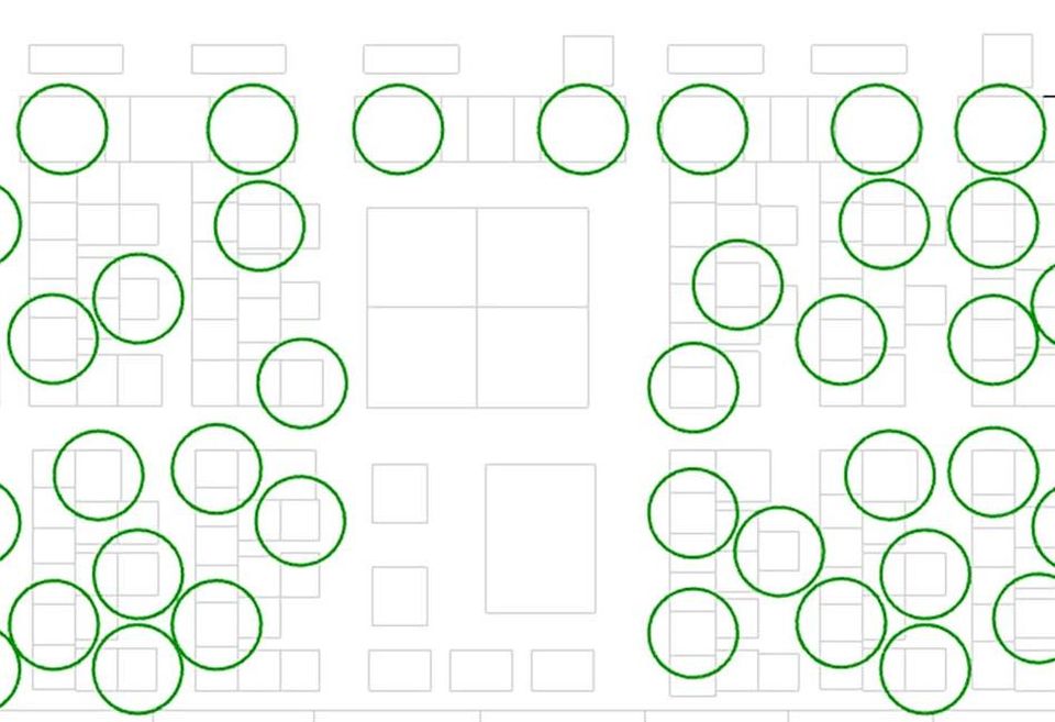 Gensler's ReRun tool shows a visual representation of six-foot bubbles on the floor plan, illustrating where workstations are too close together.