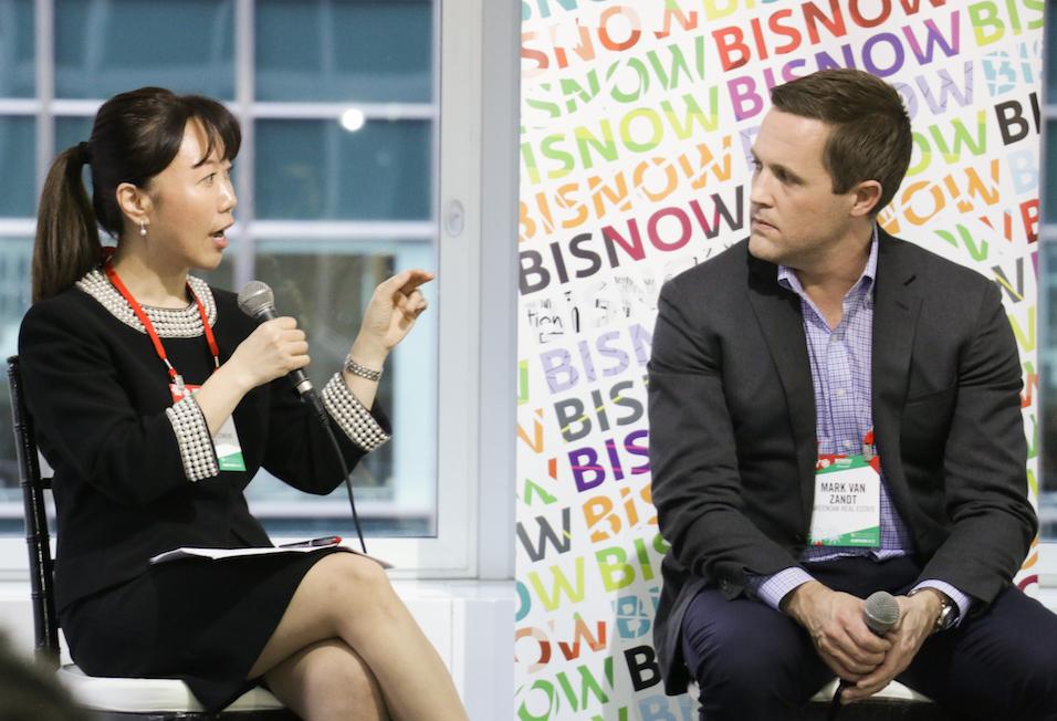 Meridian Capital Group Senior Executive Managing Director Helen Hwang and GreenOak Real Estate partner Mark Van Zandt speak at Bisnow's 2018 NYC Forecast Dec. 12, 2018.