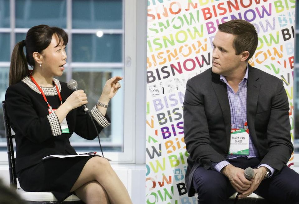 Meridian Capital Group Senior Executive Managing Director Helen Hwang and GreenOak Real Estate partner Mark Van Zandt speak at Bisnow's 2018 NYC Forecast Dec. 12, 2018.