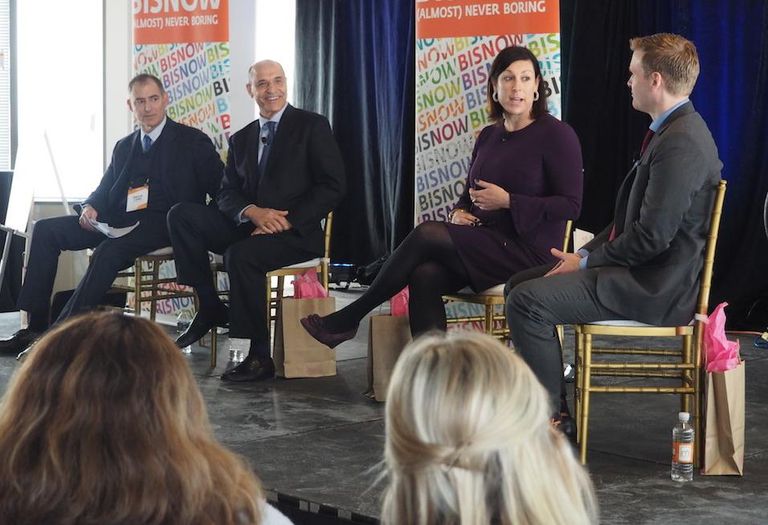 Meridian Group co-founder Bruce Lane, Arlington Economic Development Director Victor Hoskins and Alexandria Economic Development Partnership CEO Stephanie Landrum and Venable Partner Kedrick Whitmore at Bisnow's Amazon HQ2 event Feb. 28, 2019