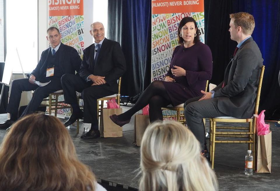 Meridian Group co-founder Bruce Lane, Arlington Economic Development Director Victor Hoskins and Alexandria Economic Development Partnership CEO Stephanie Landrum and Venable Partner Kedrick Whitmore at Bisnow's Amazon HQ2 event Feb. 28, 2019