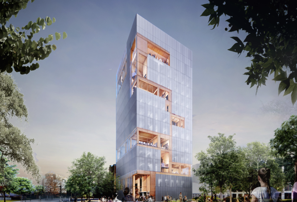 A rendering of Boston University's proposed mass timber project.