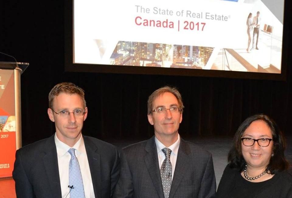 (L to R) Cushman & Wakefield’s Kevin Thorpe, Chief Economist, Global Head of Research, Stuart Barron, National Research Director, and Janice Stanton, Executive Managing Director, Capital Markets, spoke at C&W's recent State of Real Estate conference in Toronto.