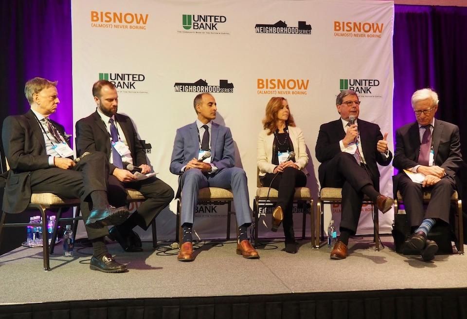 NVCommercial's Stephen Cumbie, Venable's Evan Pritchard, Kettler's Asheel Shah, CityLine Partners' Donna Shafer, Avison Young's Dave Millard and Tysons Partnership's Sol Glasner