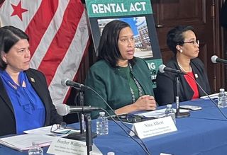Deputy Mayor Nina Albert, Mayor Muriel Bowser and DHCD Executive Director Colleen Green at a press conference introducing the RENTAL Act. 