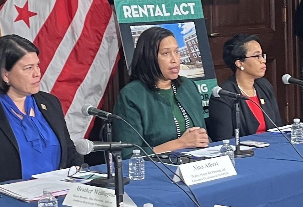 Deputy Mayor Nina Albert, Mayor Muriel Bowser and DHCD Executive Director Colleen Green at a press conference introducing the RENTAL Act. 