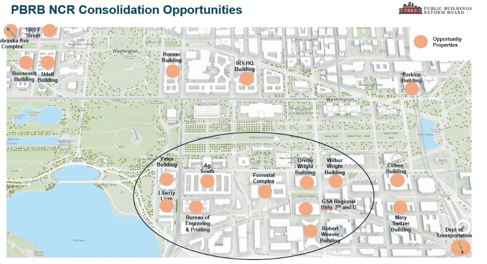 A map presented at the PBRB meeting highlighting the cluster of federal buildings in Southwest D.C. that could be redeveloped.