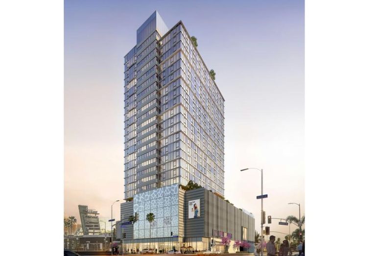 Rendering of GPI Cos.' proposed 26-story, mixed-use residential and retail tower at 6400 Sunset Blvd. in Los Angeles  