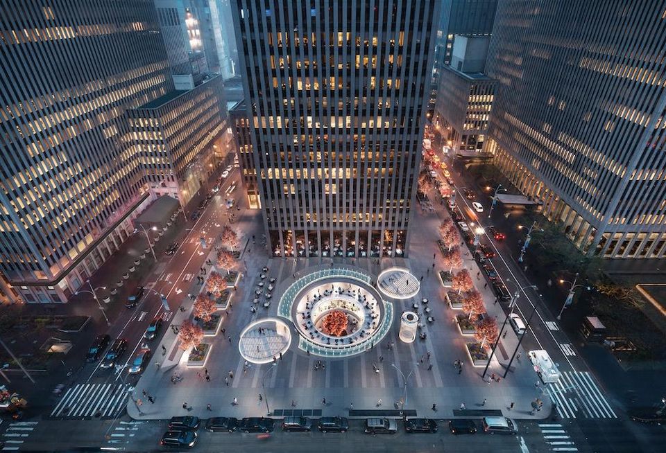 A rendering of the renovated plaza at 1221 Sixth Ave. in Midtown Manhattan