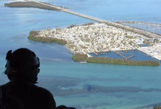 An Army National Guardsman surveys damage in the Florida Keys after Hurricane Irma. 