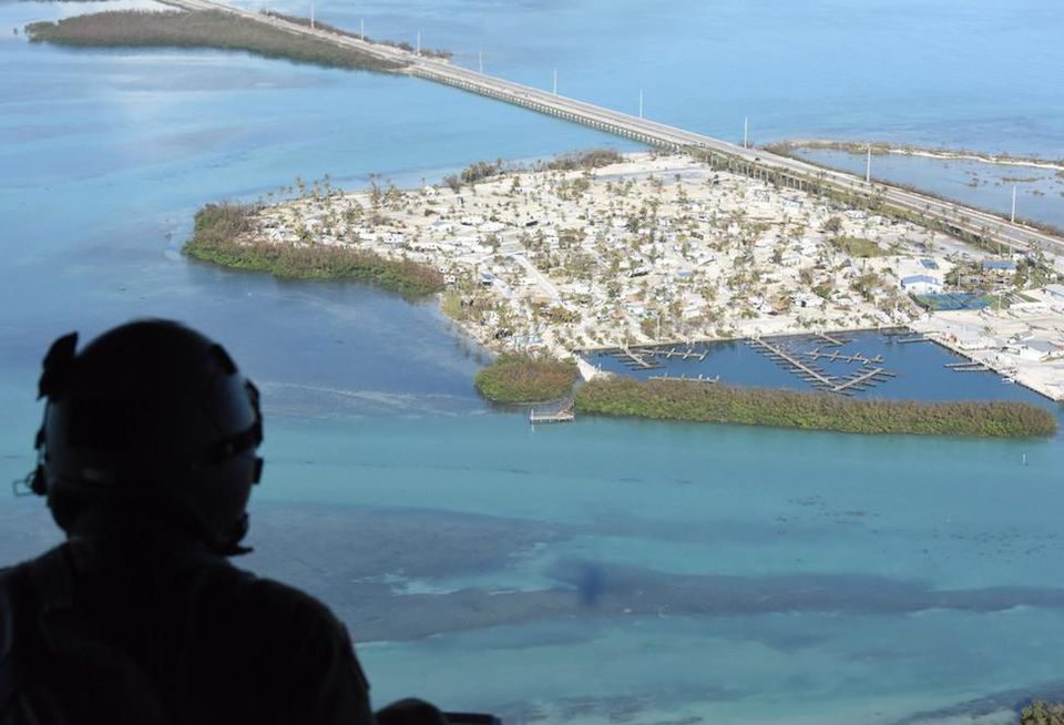 An Army National Guardsman surveys damage in the Florida Keys after Hurricane Irma.