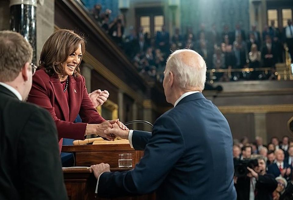 President Joe Biden greeting Vice President Kamala Harris before his 2023 State of the Union Address.