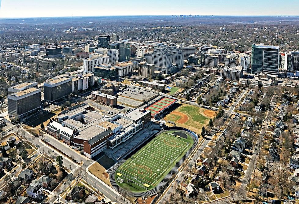 An aerial view of Bethesda, Maryland, one of the highest-density parts of Montgomery County. 