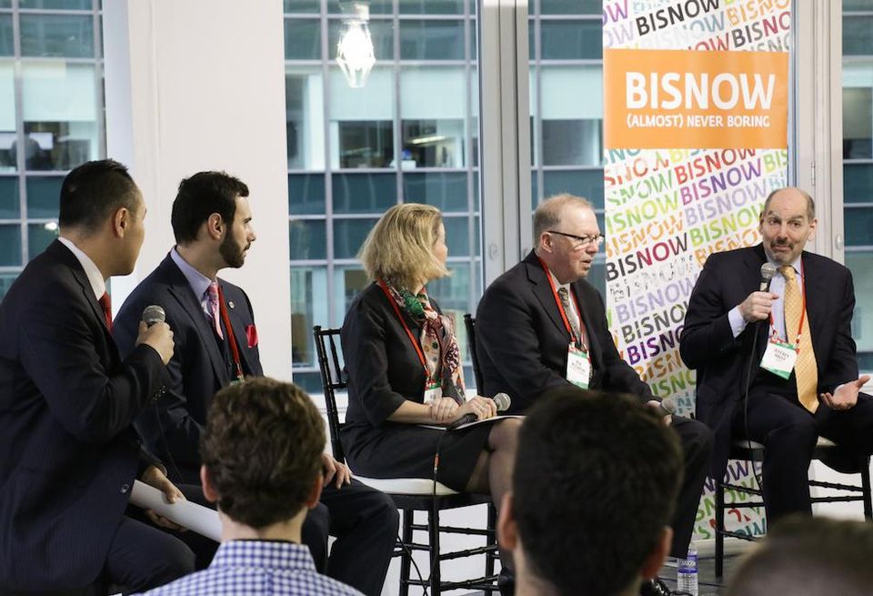 AmTrust Title's Dorian Lam, JLL's Ryan Severino, Savills Studley's Heidi Learner, Cushman & Wakefield's Ken McCarthy and CBRE's Jeffrey Havsy speak at Bisnow's 2018 NYC Forecast event Dec. 12, 2017.