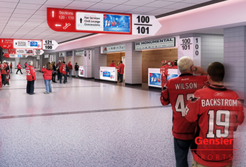 A rendering of the Capital One Arena's updated 100-level concourse 