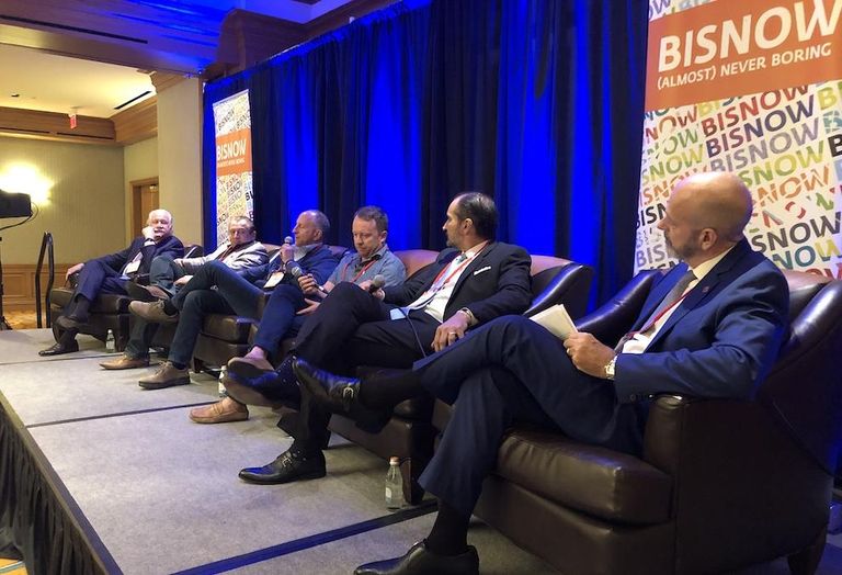 Levcor President Larry Levine, Berg Hospitality Group Founder Benjamin Berg, Pinstripes founder and CEO Dale Schwartz, Politan Group CEO and founder Will Donaldson, Transwestern Managing Director Nick Hernandez and International Bank of Commerce President Jeff Samples at Bisnow's Destination Making in Houston event. 