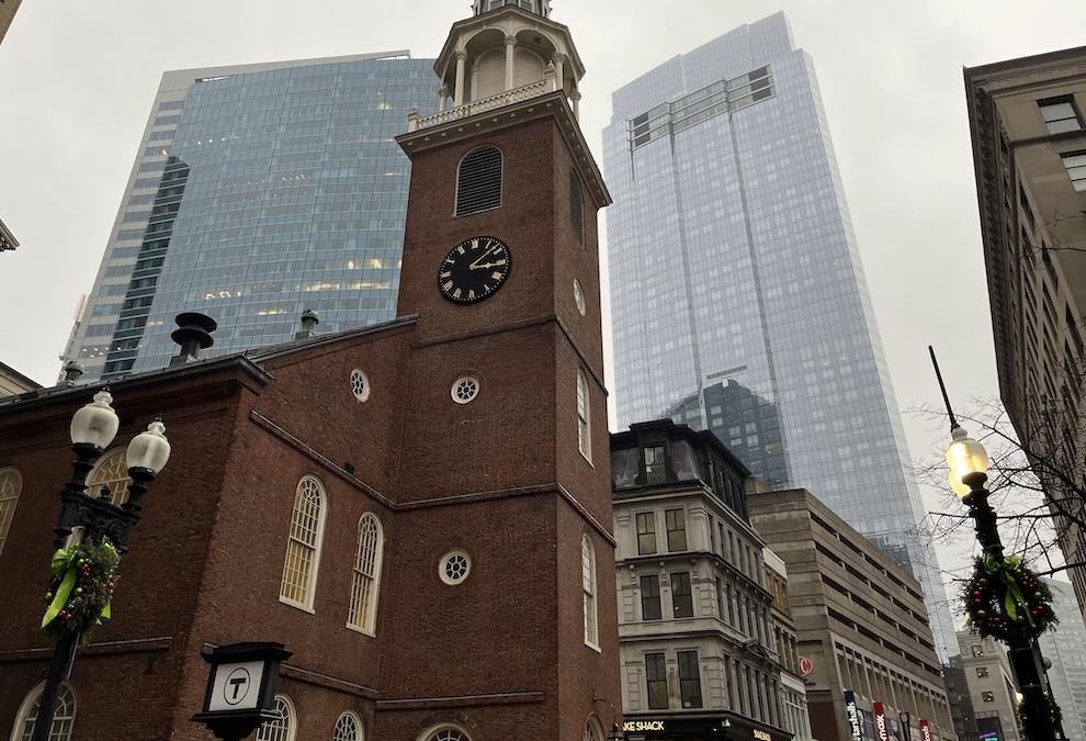 The streets of downtown Boston feature a mix of historic buildings and new developments.