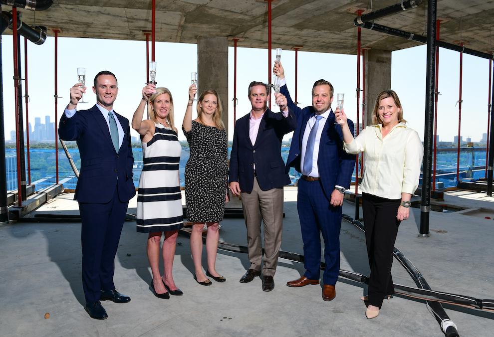 Sudhoff Cos. Jared Bonasera, Sudhoff Cos. Betty Harbourt, Pelican Builders Kerry Bollmann, Pelican Builders Derek Darnell, Sudhoff Cos. Kyle Mikulenka and Sudhoff Cos. Dina Gustin celebrate the topping off of The Revere at River Oaks, Houston. 
