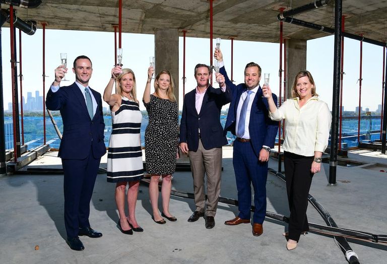 Sudhoff Cos. Jared Bonasera, Sudhoff Cos. Betty Harbourt, Pelican Builders Kerry Bollmann, Pelican Builders Derek Darnell, Sudhoff Cos. Kyle Mikulenka and Sudhoff Cos. Dina Gustin celebrate the topping off of The Revere at River Oaks, Houston. 