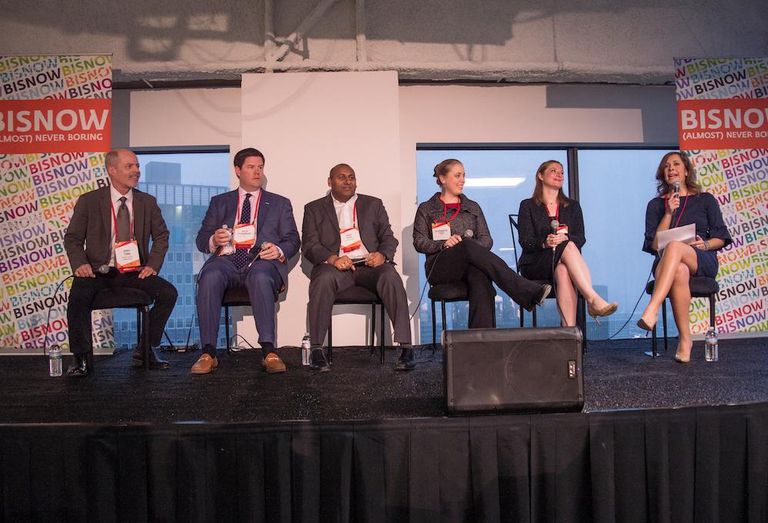 Drever Capital Management Director, Asset Management, Jerry Tonn, KDC Senior Vice President, Development, Collin Fitzgibbons, NewcrestImage CEO Mike Patel, CBRE Associate Elizabeth Herman, Dallas Innovation Alliance Executive Director and co-founder Jennifer Sanders and Perkins + Will principal, director of interior design Courtney Johnston at Bisnow's Future of Downtown Dallas event