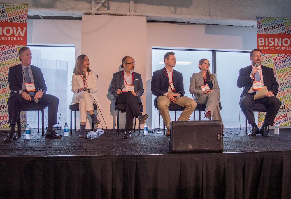 JLL President, South-Central Region, Brad Selner, Downtown Dallas Inc. President and CEO Kourtney Garrett, Genesis Real Estate Group President and CEO Gordon Ip, TriArc Construction President and co-owner Shane Deville, Stream Realty Vice President Sara Terry and Corgan Associate Principal Matt McDonald at Bisnow's Future of Downtown Dallas Event