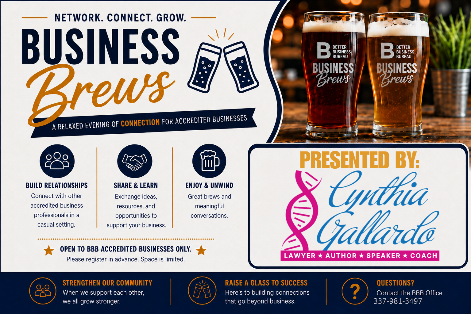 Promotional image for "Business Brews," a networking event for BBB-accredited businesses, presented by Cynthia Gallardo.