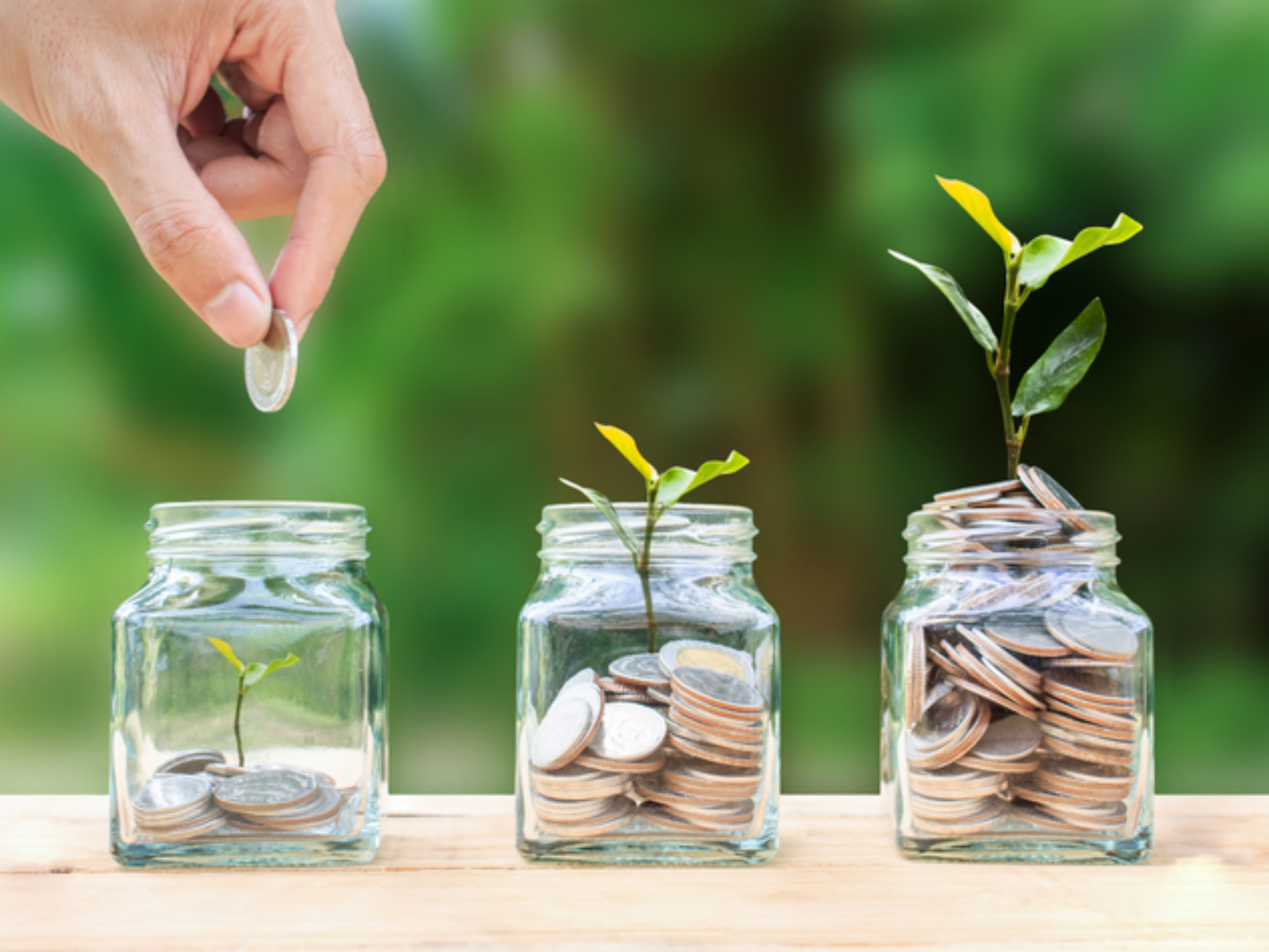 Three jars with differing amounts of loose change. As the jar is filled with change, a plant sprout grows. A hand in the corner is putting a quarter into one of the jars. The jars are sitting outside.