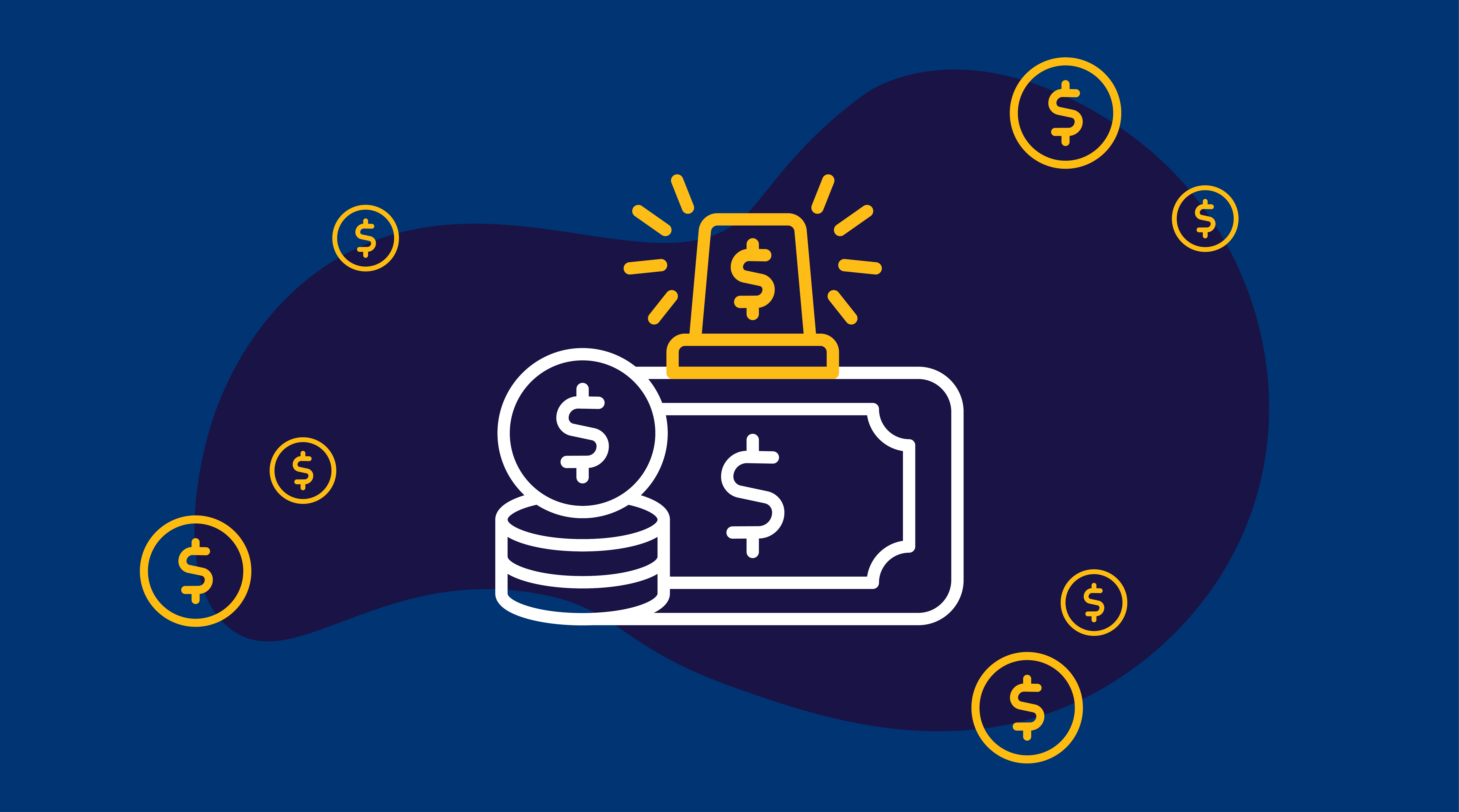 Illustration of coins, a banknote, and a money symbol light on a blue background, representing financial themes.