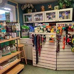 Pet store interior with shelves displaying pet food, toys, and accessories like leashes and collars. Cabinets above hold additional pet supplies.