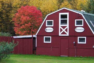 A red barn with white trim labeled "Boarding" and "Grooming" next to a vibrant tree with red leaves, set against a backdrop of autumn foliage.