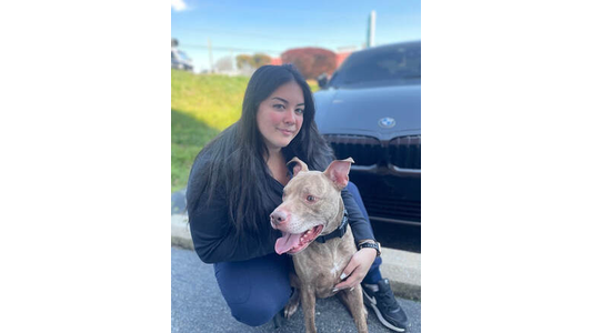 Christina Potter -Practice Manager kneeling on pavement with a happy dog, smiling at the camera. Behind them is a parked black BMW, with green grass in the background.