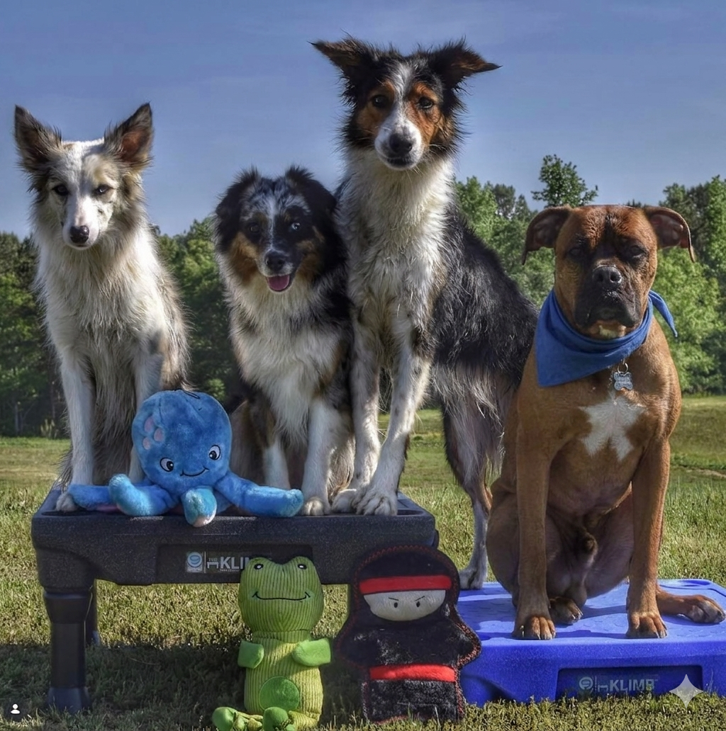 Four dogs sit in a line, two on platforms with plush toys, on a grassy field under a clear sky.