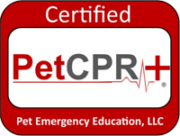 Red and white logo for PetCPR+, indicating certification by Pet Emergency Education, LLC, with a heartbeat line design.