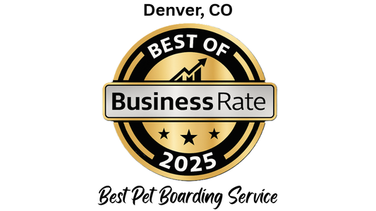 Gold and black badge reading "Best of Business Rate 2025" for "Best Pet Boarding Service" in Denver, CO, with a rising chart symbol.
